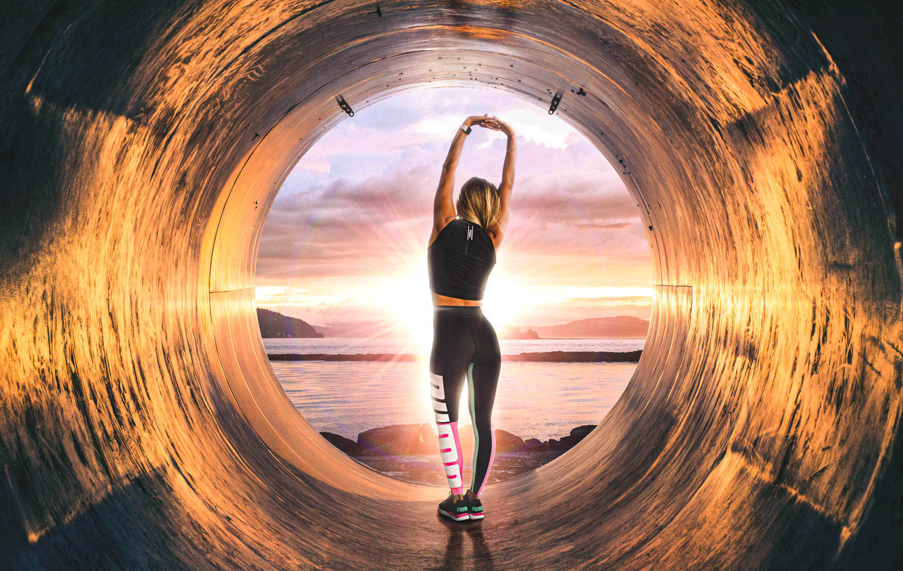 Athlete in tunnel sunrise - conceptual composite photography